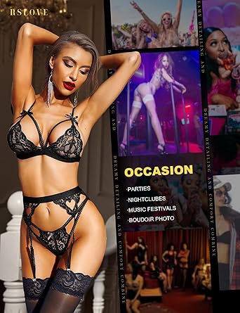 RSLOVE Women Lingerie Sets with Garter Belt 3 Piece Lace Teddy Babydoll Bodysuit