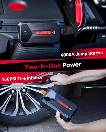 Jump Starter with Air Compressor, 4000A Portable Car Jumper with 150PSI Digital Tire Inflator(Up 8.5L Gas/7L Diesel Engine),12V Lithium Battery Charger Booster Box with Type-C Quick Charge
