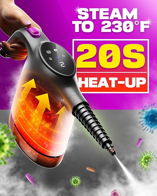 POPCHOSE Handheld Steam Cleaner for Home, Portable Pressurized Steamer for Cleaning Grout, Surfaces, Bathroom, Couch, 20S Fast Heat Up, 12 Accessories, Steam Adjustable, Safety Lock, Graypurple