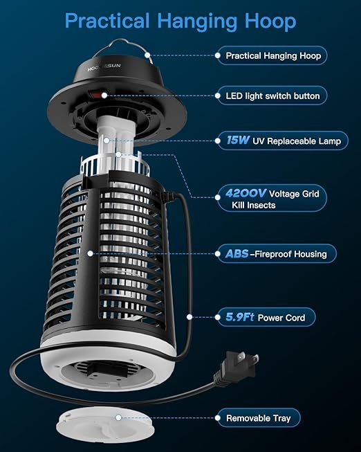 Bug Zapper Outdoor, 4200V High Powered Electric Mosquito Zapper Fly Killer, 15W UVA Mosquito Lamp Bulb, Flying Insects Zapper Indoor, Trap Killer for Home, Kitchen, Backyard