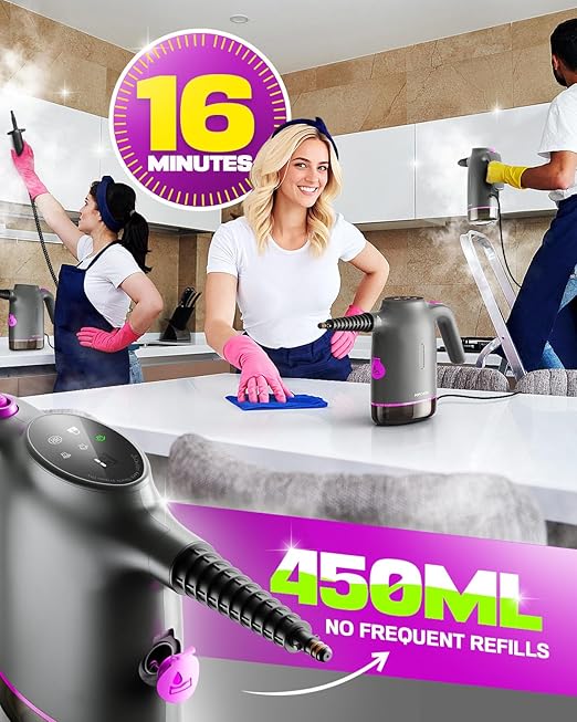 POPCHOSE Handheld Steam Cleaner for Home, Portable Pressurized Steamer for Cleaning Grout, Surfaces, Bathroom, Couch, 20S Fast Heat Up, 12 Accessories, Steam Adjustable, Safety Lock, Graypurple