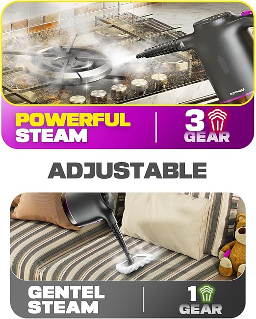 POPCHOSE Handheld Steam Cleaner for Home, Portable Pressurized Steamer for Cleaning Grout, Surfaces, Bathroom, Couch, 20S Fast Heat Up, 12 Accessories, Steam Adjustable, Safety Lock, Graypurple