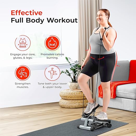 Sunny Health & Fitness Mini Stepper for Exercise at Home, Stair Step Workout Machine with Resistance Band and Over 300lb Weight Capacity, Optional Twist Motion and Free SunnyFit App Connection