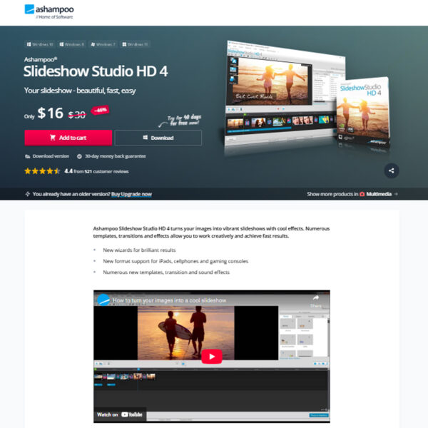 Ashampoo Slideshow Studio HD 4 turns your images into vibrant slideshows with cool effects. Numerous templates, transitions and effects allow you to work creatively and achieve fast results. at Asha Mpoo