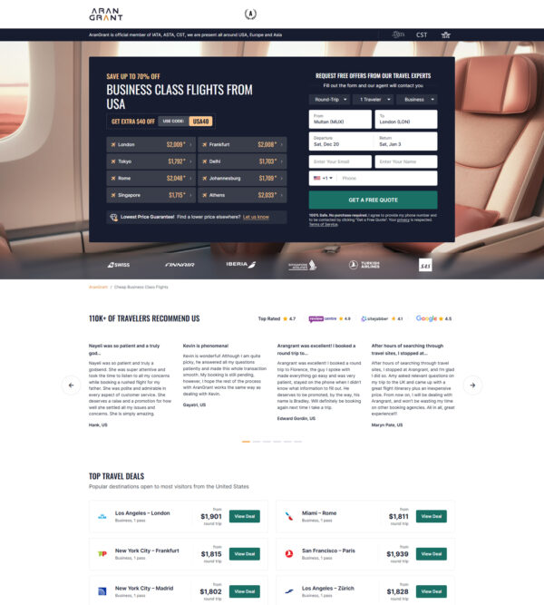 business class flights from USA *Promo Code: USA40_Aran Grant