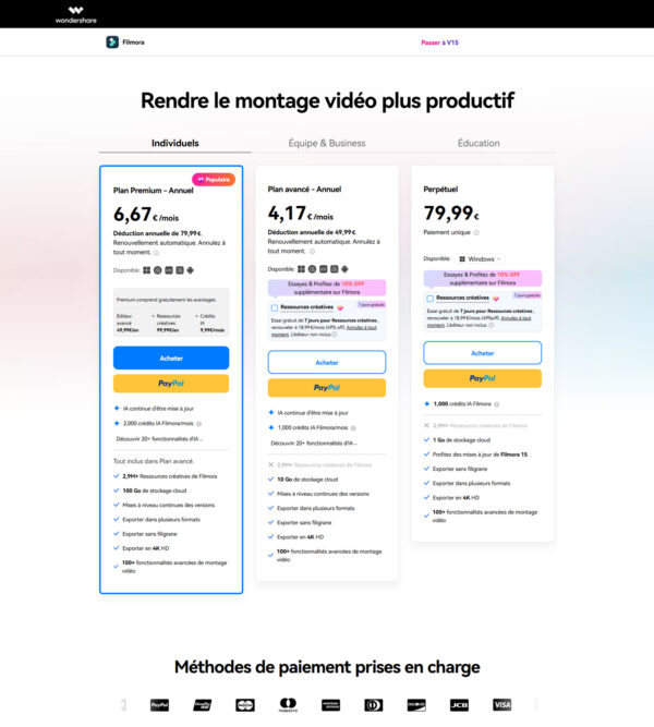 Filmora pricing page _ Wondershare