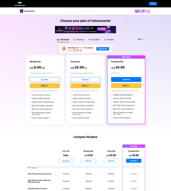 UniConvertor pricing page _ Wondershare