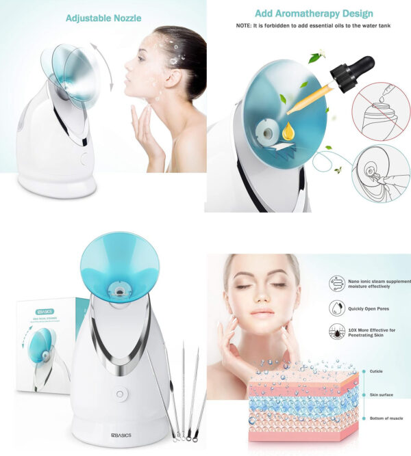 Facial Steamer EZBASICS Ionic Face Steamer for Home Facial, Warm Mist Humidifier Atomizer for Face Sauna Spa Sinuses Moisturizing, Unclogs Pores, Bonus Stainless Steel Skin Kit Blue_ Amazon