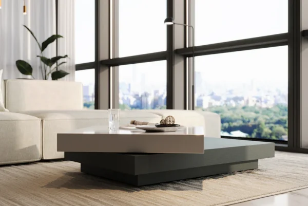 Inkstone 2-Tier Swivel Coffee Table – White Top & Black Oak Base-rotating coffee table _ Acanva