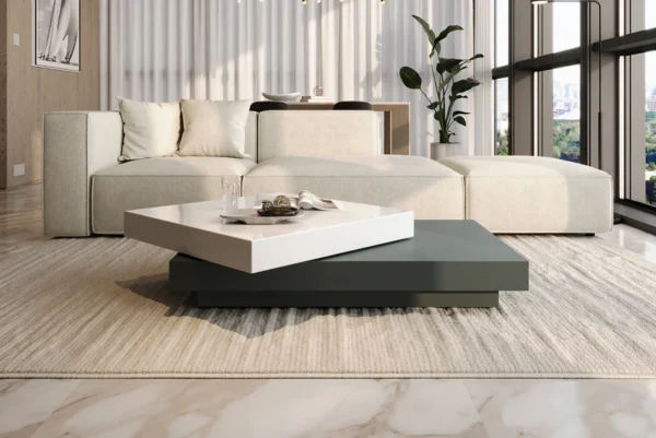 Inkstone 2-Tier Swivel Coffee Table – White Top & Black Oak Base-rotating coffee table _ Acanva