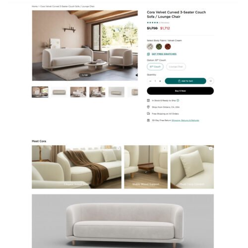 Cora velvet curved 3_seater couch sofa_Acanva Cora velvet curved 3_seater couch sofa_Acanva