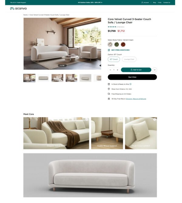 Cora velvet curved 3_seater couch sofa_Acanva